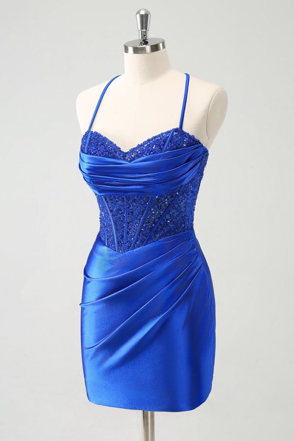 Sparkly Royal Blue Tight Corset Mini Dress with Lace Up Back - Image 3