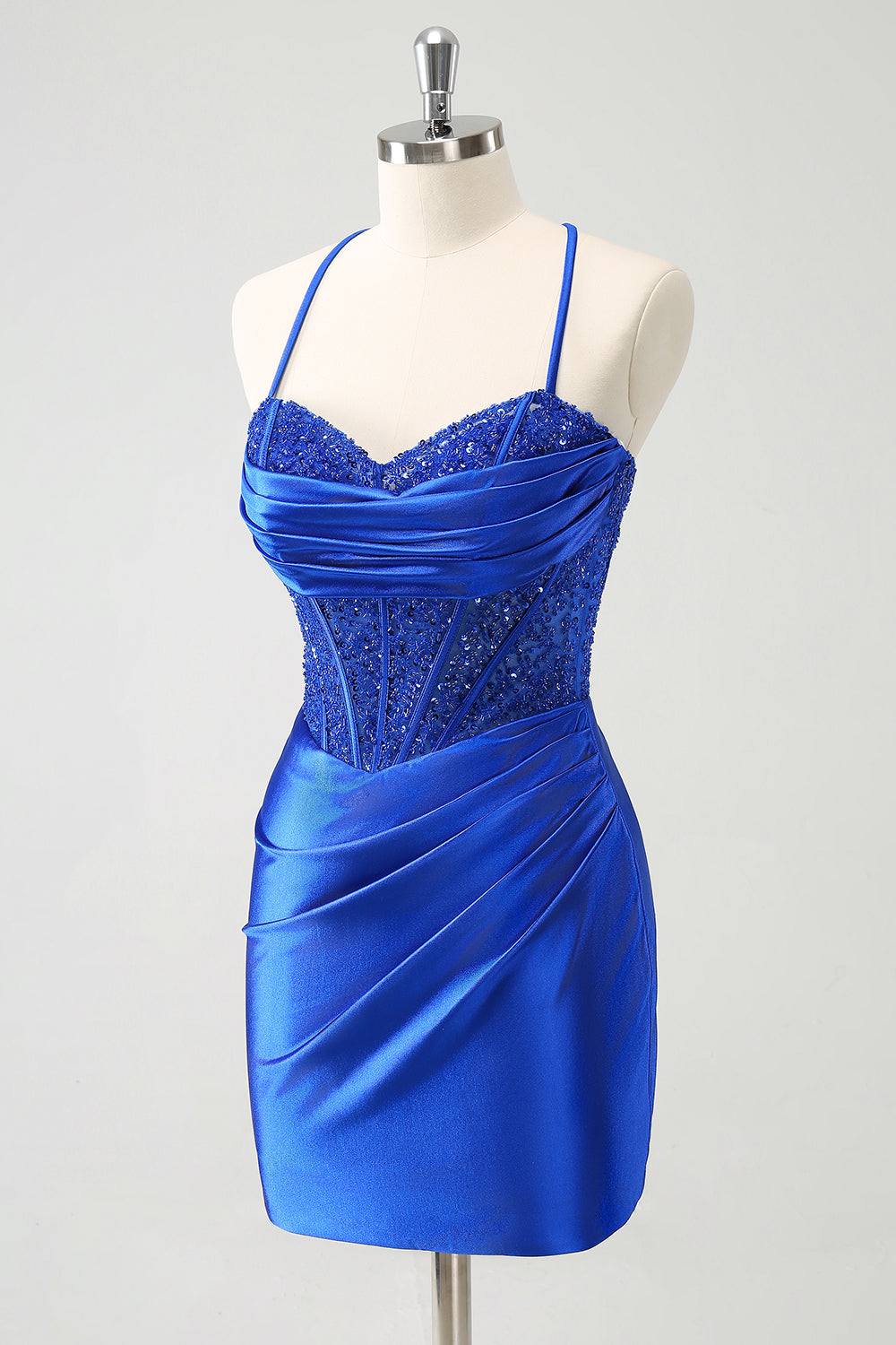 Sparkly Royal Blue Tight Corset Mini Dress with Lace Up Back - Image 3