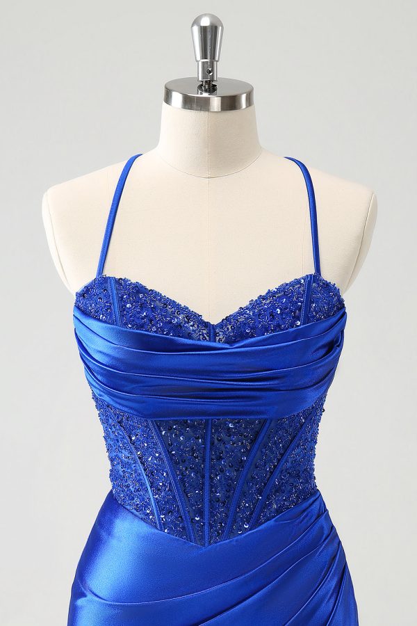 Sparkly Royal Blue Tight Corset Mini Dress with Lace Up Back - Image 4