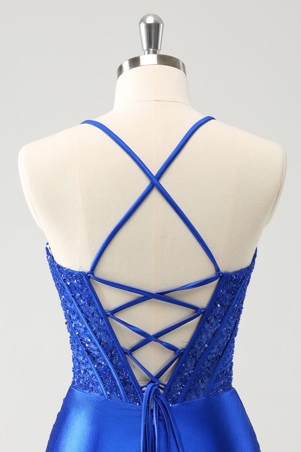 Sparkly Royal Blue Tight Corset Mini Dress with Lace Up Back - Image 5