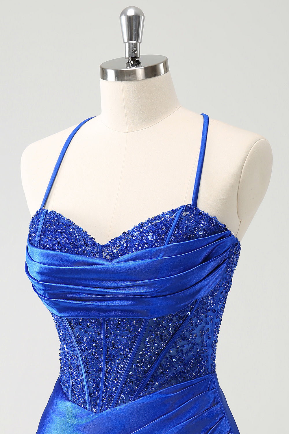 Sparkly Royal Blue Tight Corset Mini Dress with Lace Up Back - Image 6