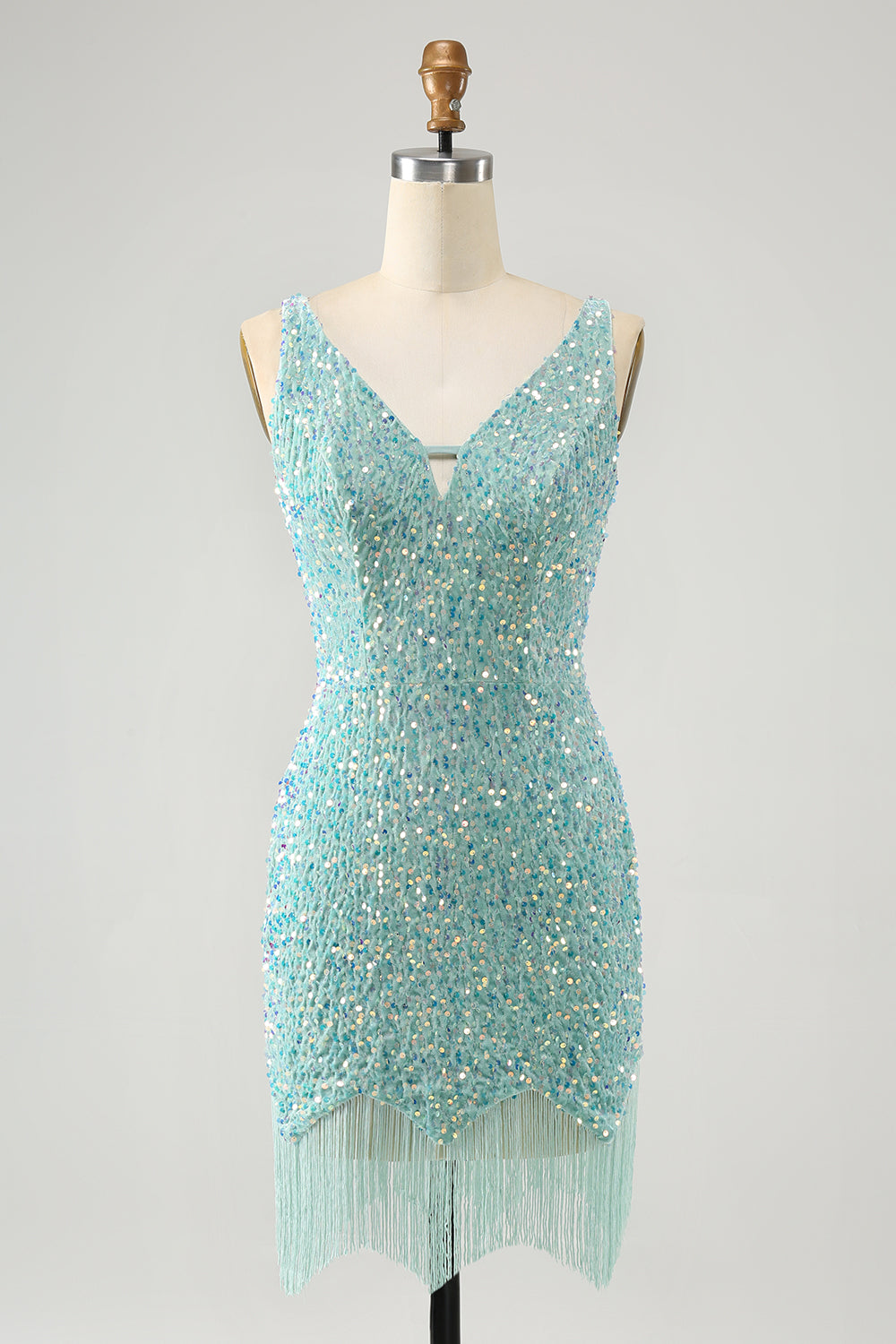 Sparkly Sage Bodycon V Neck Sequin Mini Dress with Tassel - Image 1
