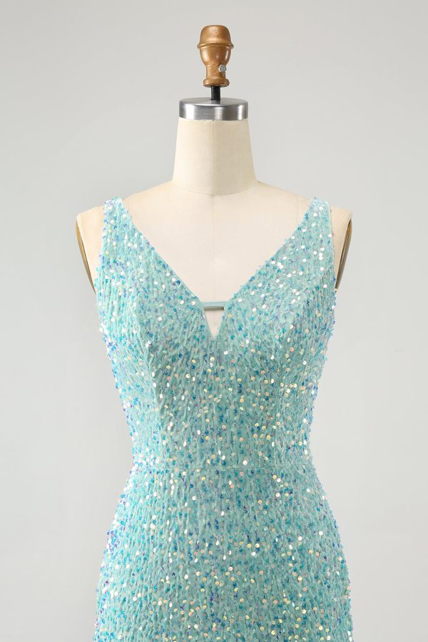 Sparkly Sage Bodycon V Neck Sequin Mini Dress with Tassel - Image 4