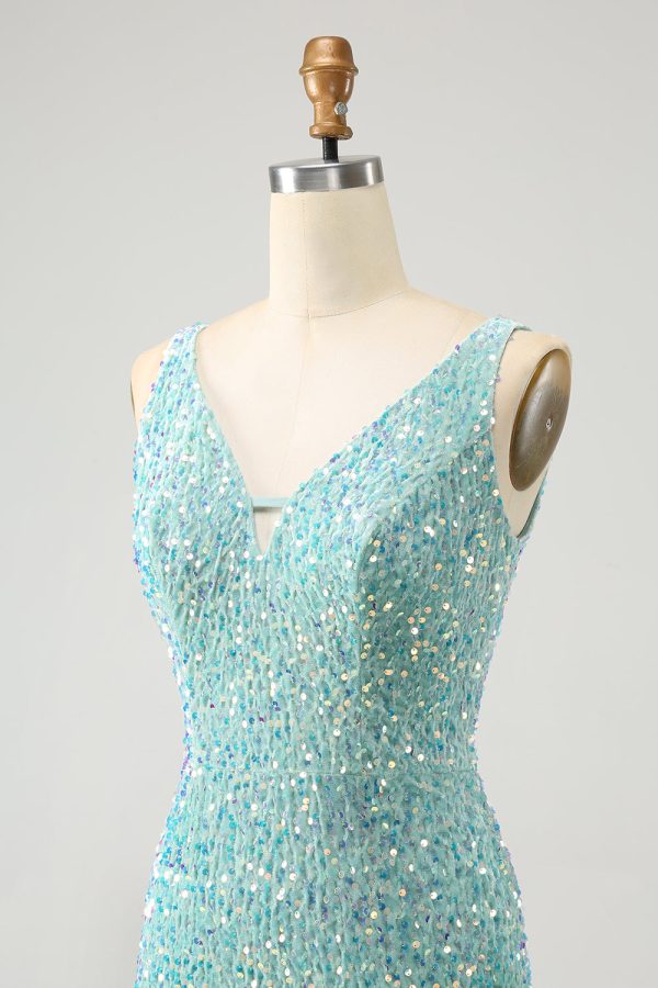 Sparkly Sage Bodycon V Neck Sequin Mini Dress with Tassel - Image 5