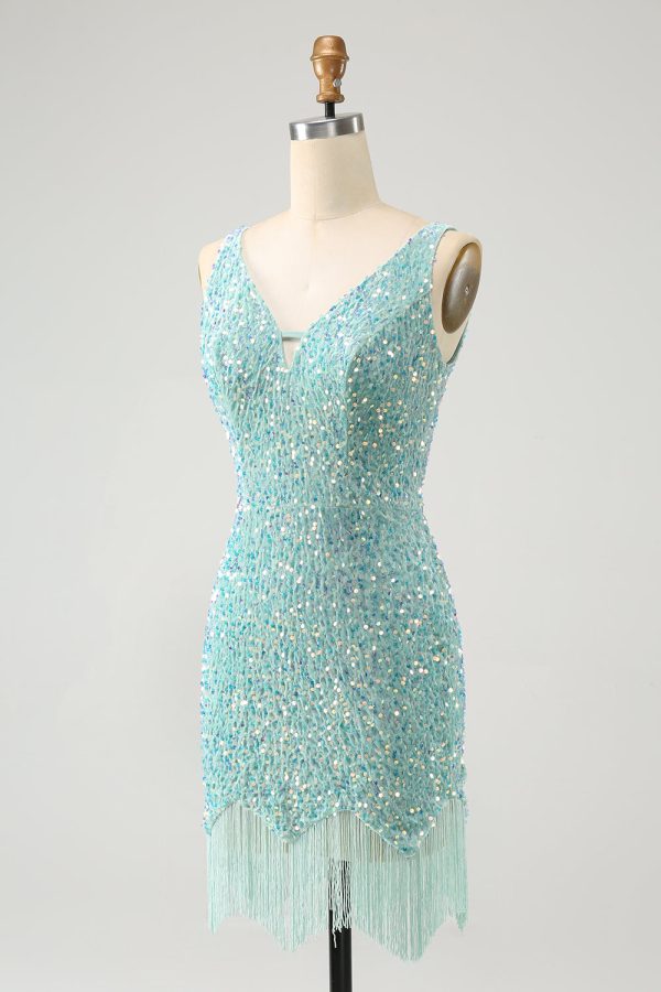 Sparkly Sage Bodycon V Neck Sequin Mini Dress with Tassel - Image 3