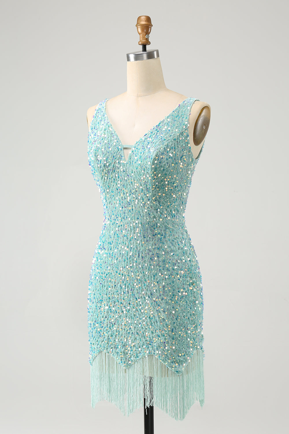 Sparkly Sage Bodycon V Neck Sequin Mini Dress with Tassel - Image 3