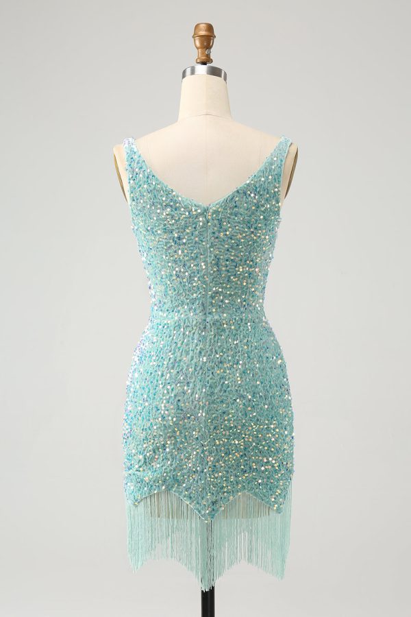 Sparkly Sage Bodycon V Neck Sequin Mini Dress with Tassel - Image 2