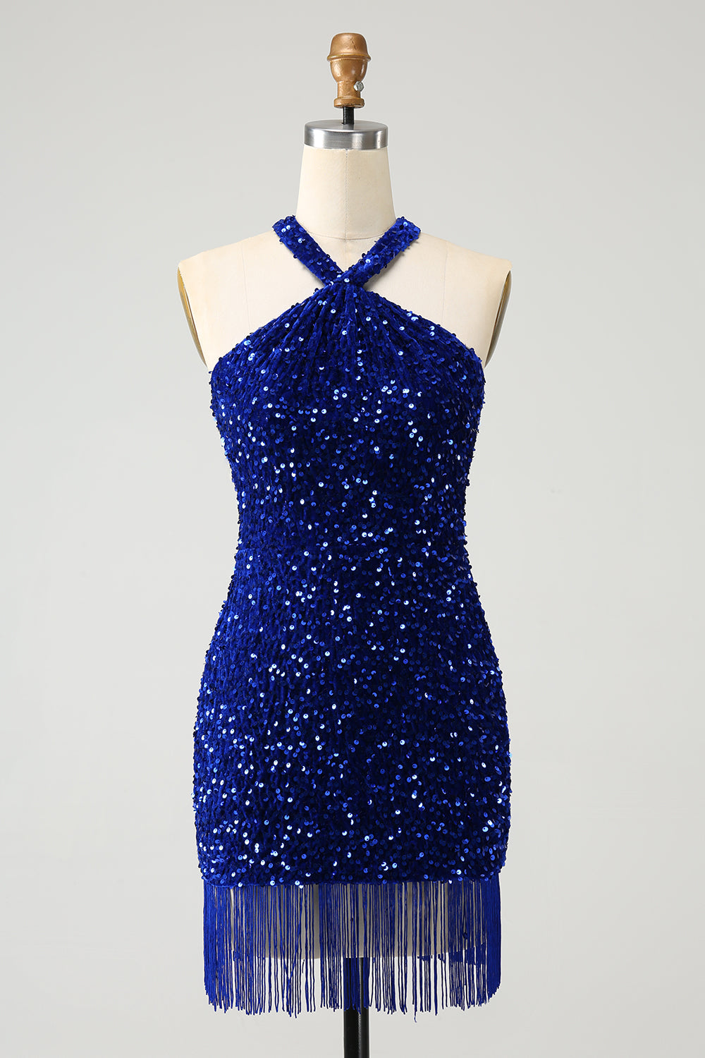 Sparkly Royal Blue Bodycon Halter Sequin Mini Dress with Tassel - Image 1