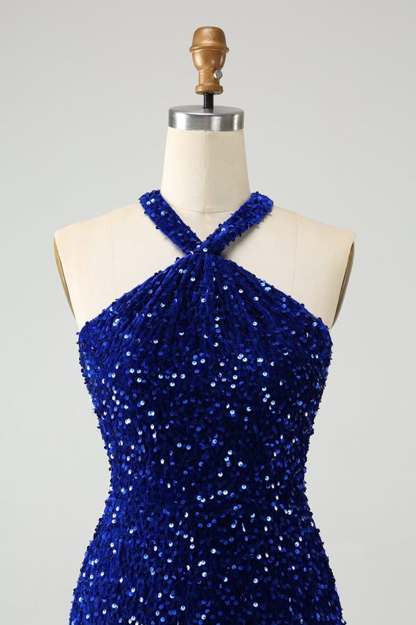 Sparkly Royal Blue Bodycon Halter Sequin Mini Dress with Tassel - Image 4