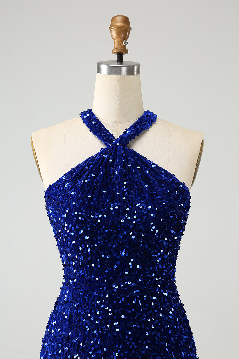 Sparkly Royal Blue Bodycon Halter Sequin Mini Dress with Tassel - Image 4