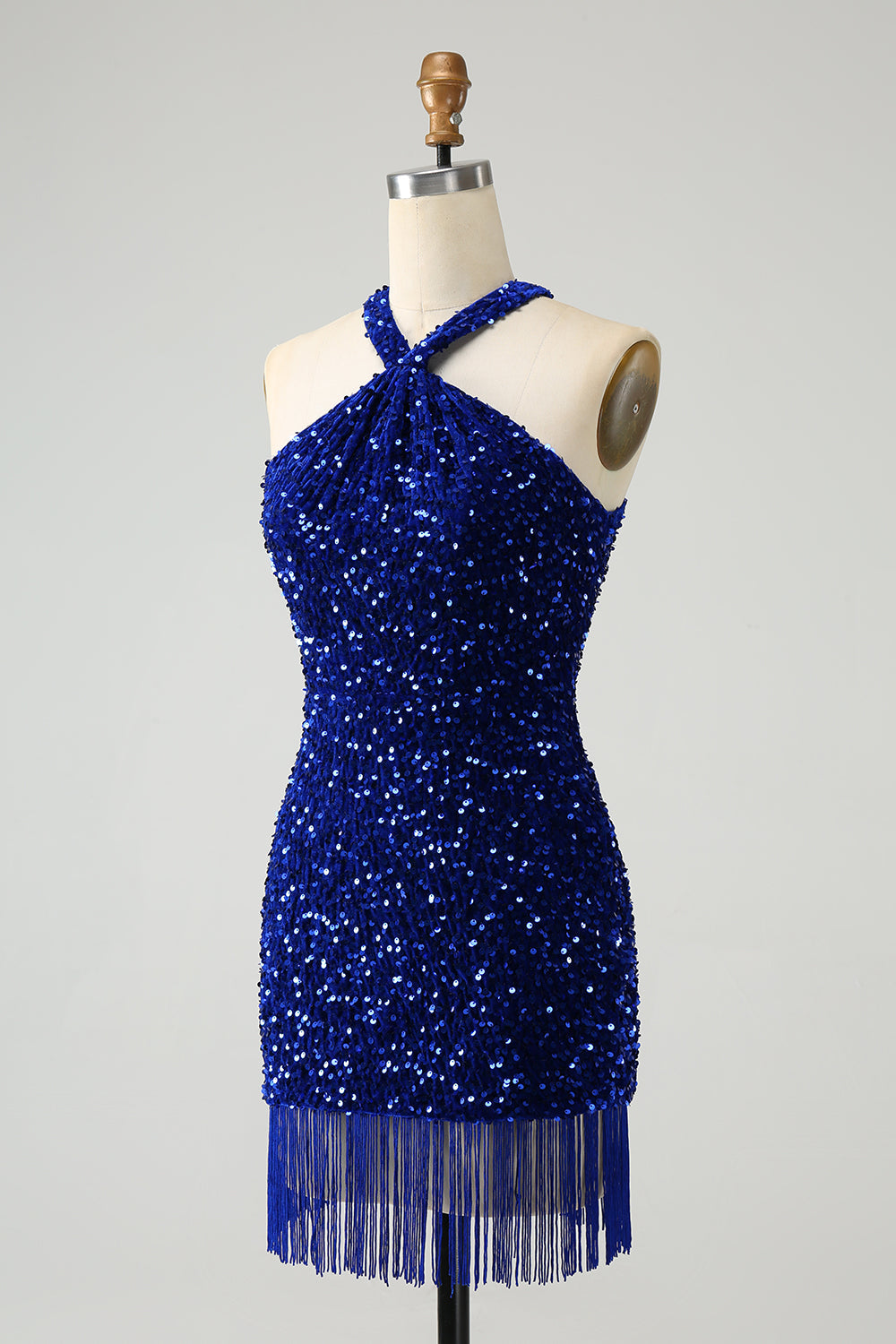 Sparkly Royal Blue Bodycon Halter Sequin Mini Dress with Tassel - Image 3