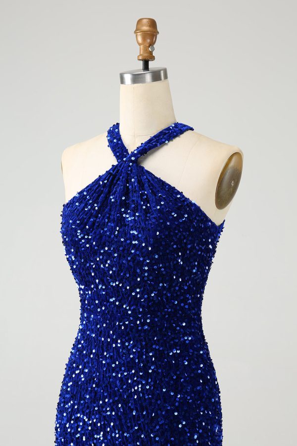 Sparkly Royal Blue Bodycon Halter Sequin Mini Dress with Tassel - Image 6