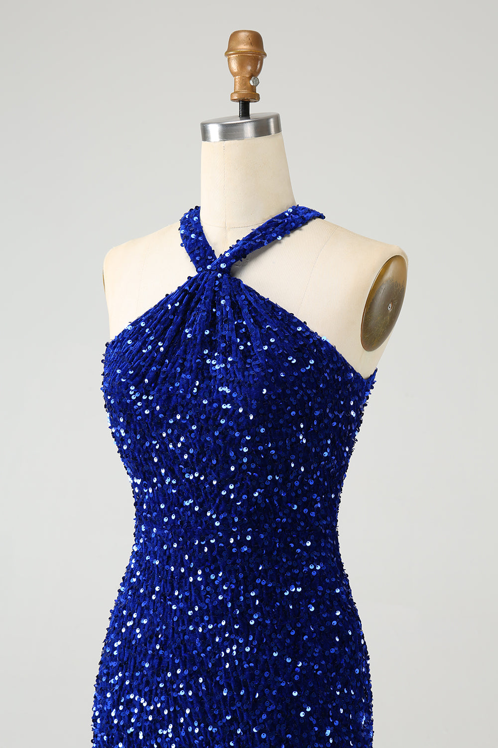 Sparkly Royal Blue Bodycon Halter Sequin Mini Dress with Tassel - Image 6