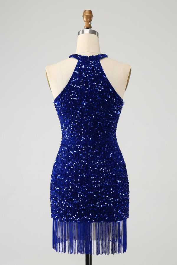 Sparkly Royal Blue Bodycon Halter Sequin Mini Dress with Tassel - Image 2