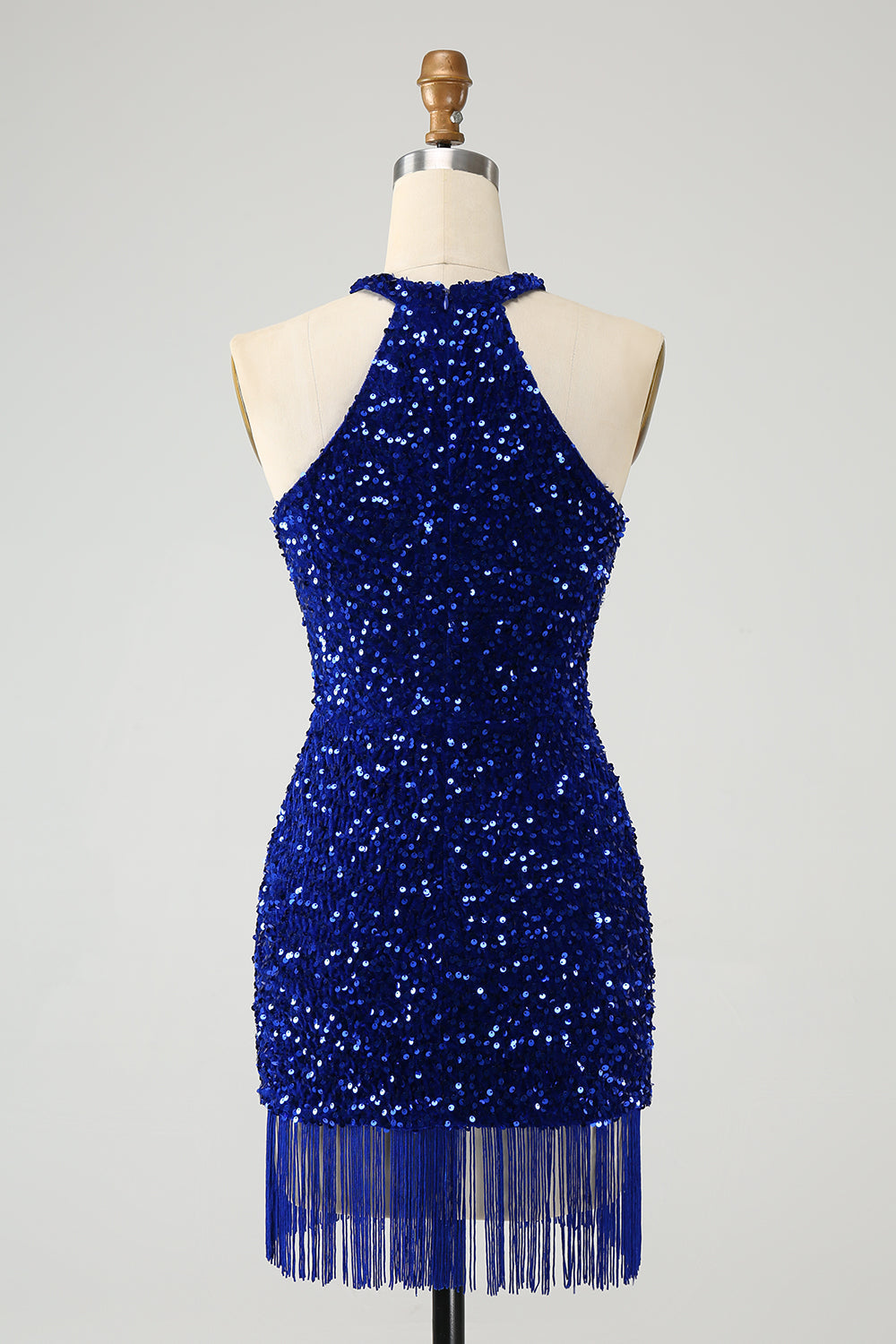 Sparkly Royal Blue Bodycon Halter Sequin Mini Dress with Tassel - Image 2
