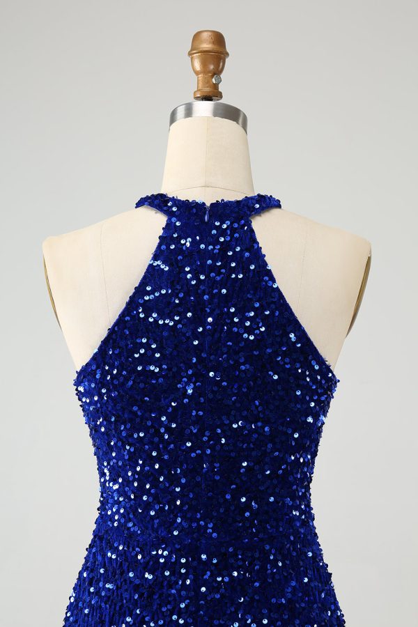 Sparkly Royal Blue Bodycon Halter Sequin Mini Dress with Tassel - Image 5