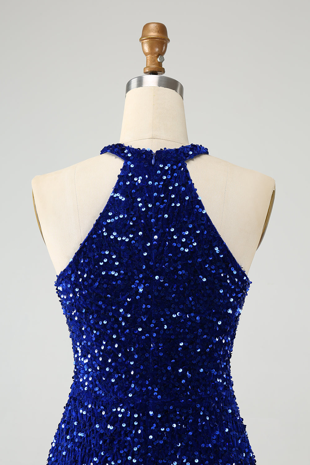 Sparkly Royal Blue Bodycon Halter Sequin Mini Dress with Tassel - Image 5