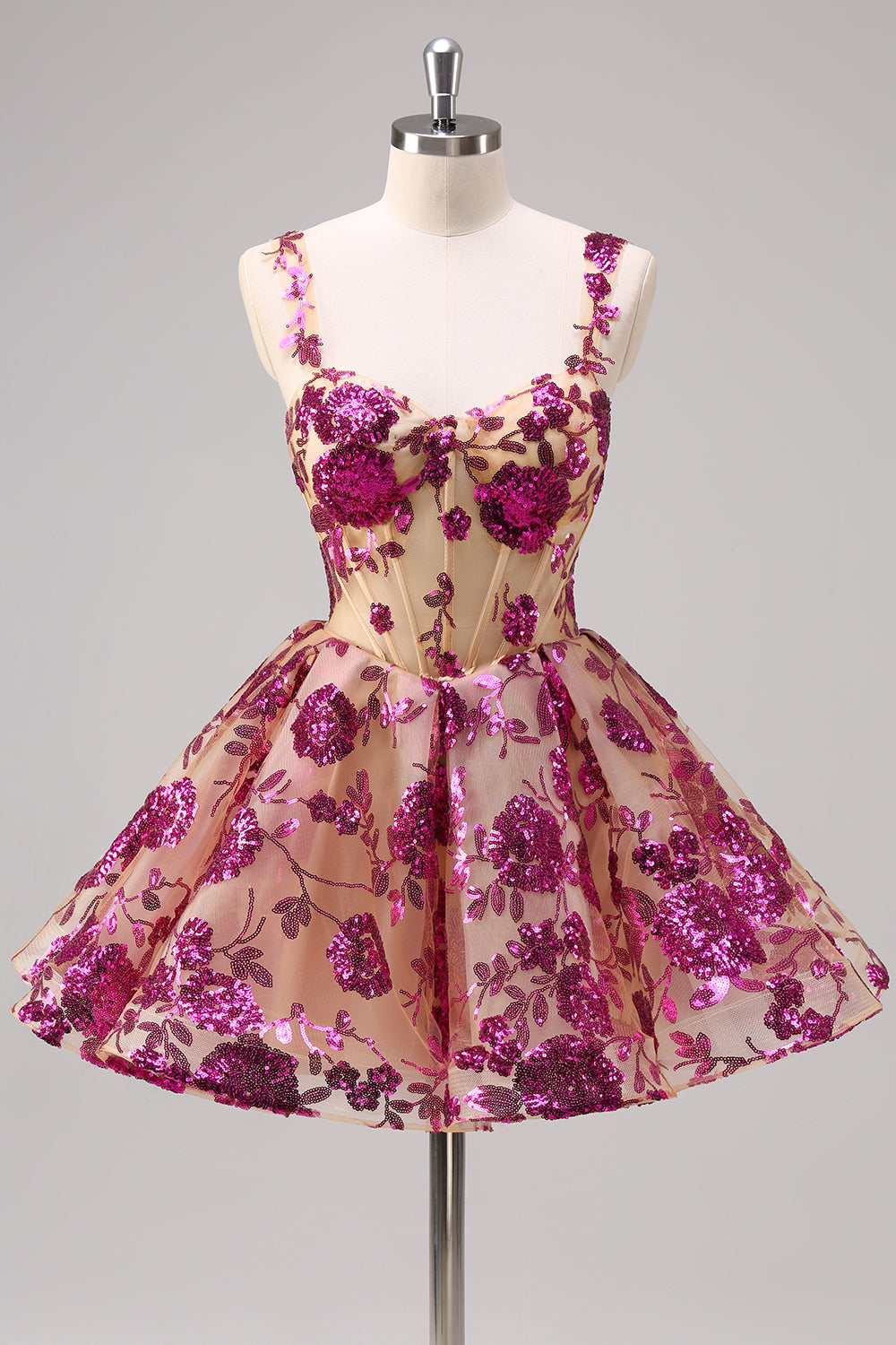 Sparkly White A-Line Floral Corset Mini Dress - Image 10