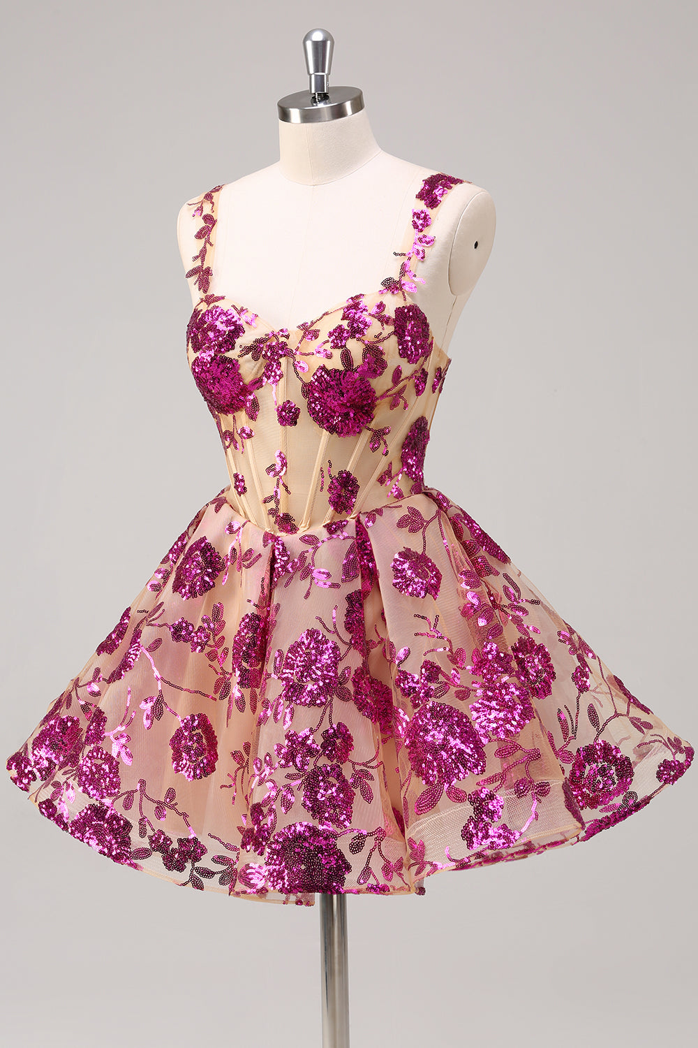 Sparkly White A-Line Floral Corset Mini Dress - Image 12