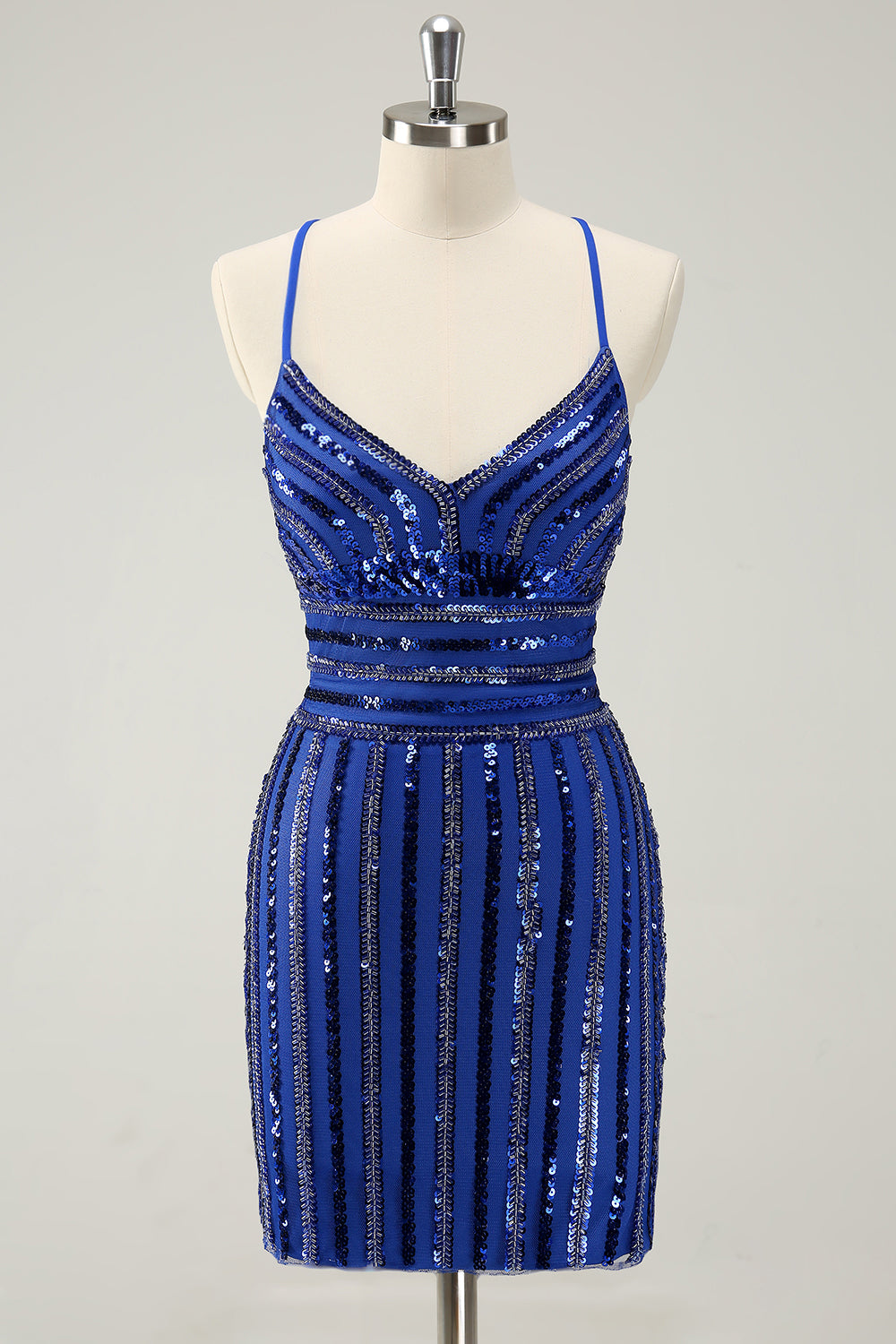 Sparkly Royal Blue Tight Sequined Spaghetti Straps Mini Dress - Image 1