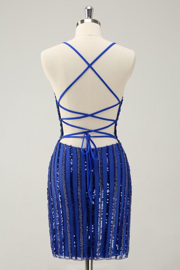 Sparkly Royal Blue Tight Sequined Spaghetti Straps Mini Dress - Image 2