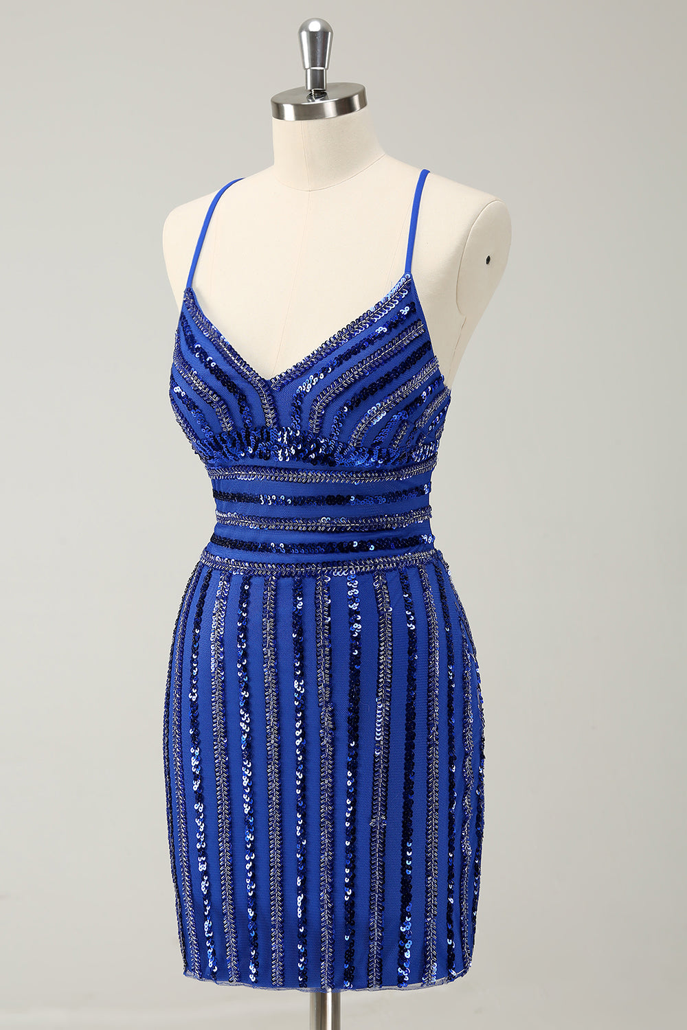 Sparkly Royal Blue Tight Sequined Spaghetti Straps Mini Dress - Image 3