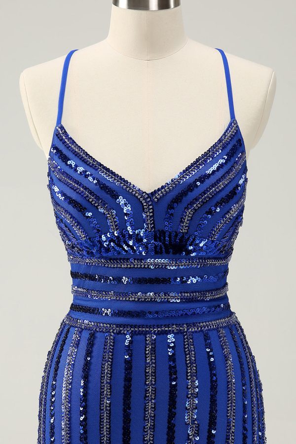 Sparkly Royal Blue Tight Sequined Spaghetti Straps Mini Dress - Image 4