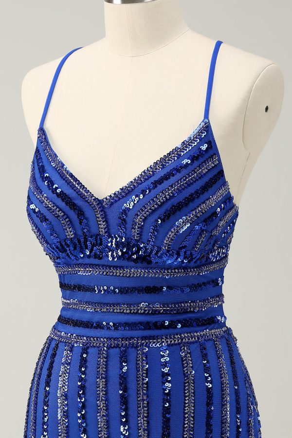 Sparkly Royal Blue Tight Sequined Spaghetti Straps Mini Dress - Image 6