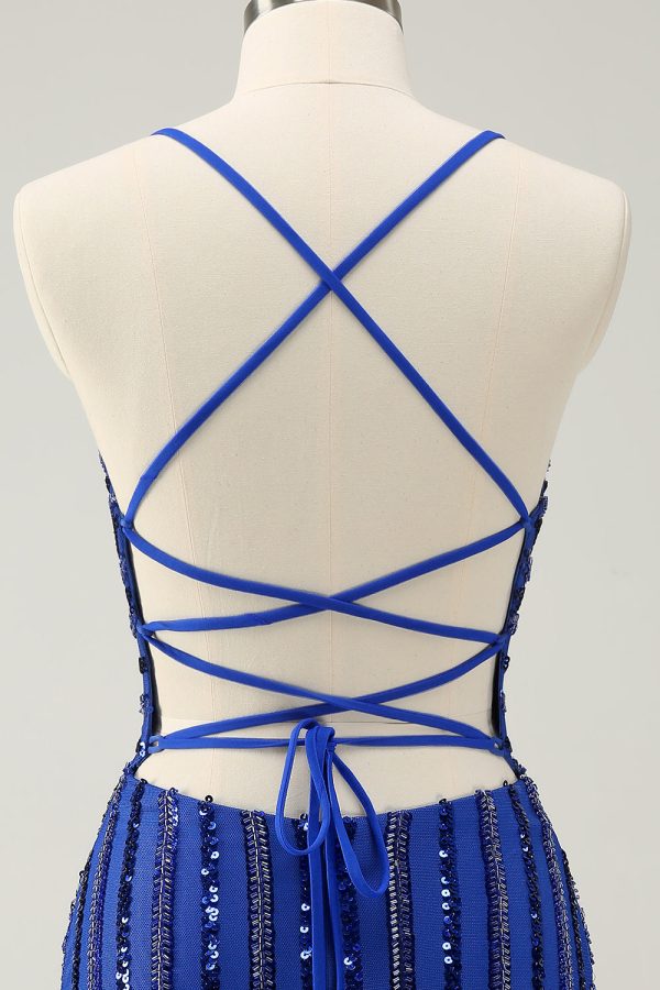 Sparkly Royal Blue Tight Sequined Spaghetti Straps Mini Dress - Image 5