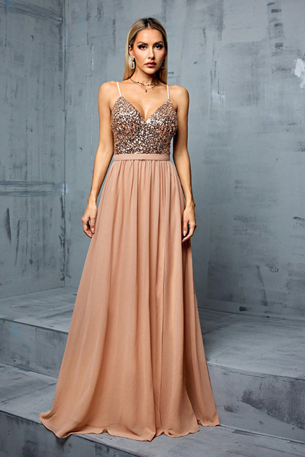 Sparkly Sequins Blush A Line V Neck Spaghetti Straps Maxi Dress - Image 1