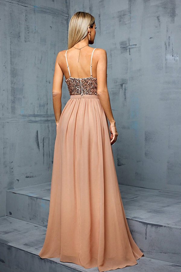 Sparkly Sequins Blush A Line V Neck Spaghetti Straps Maxi Dress - Image 2