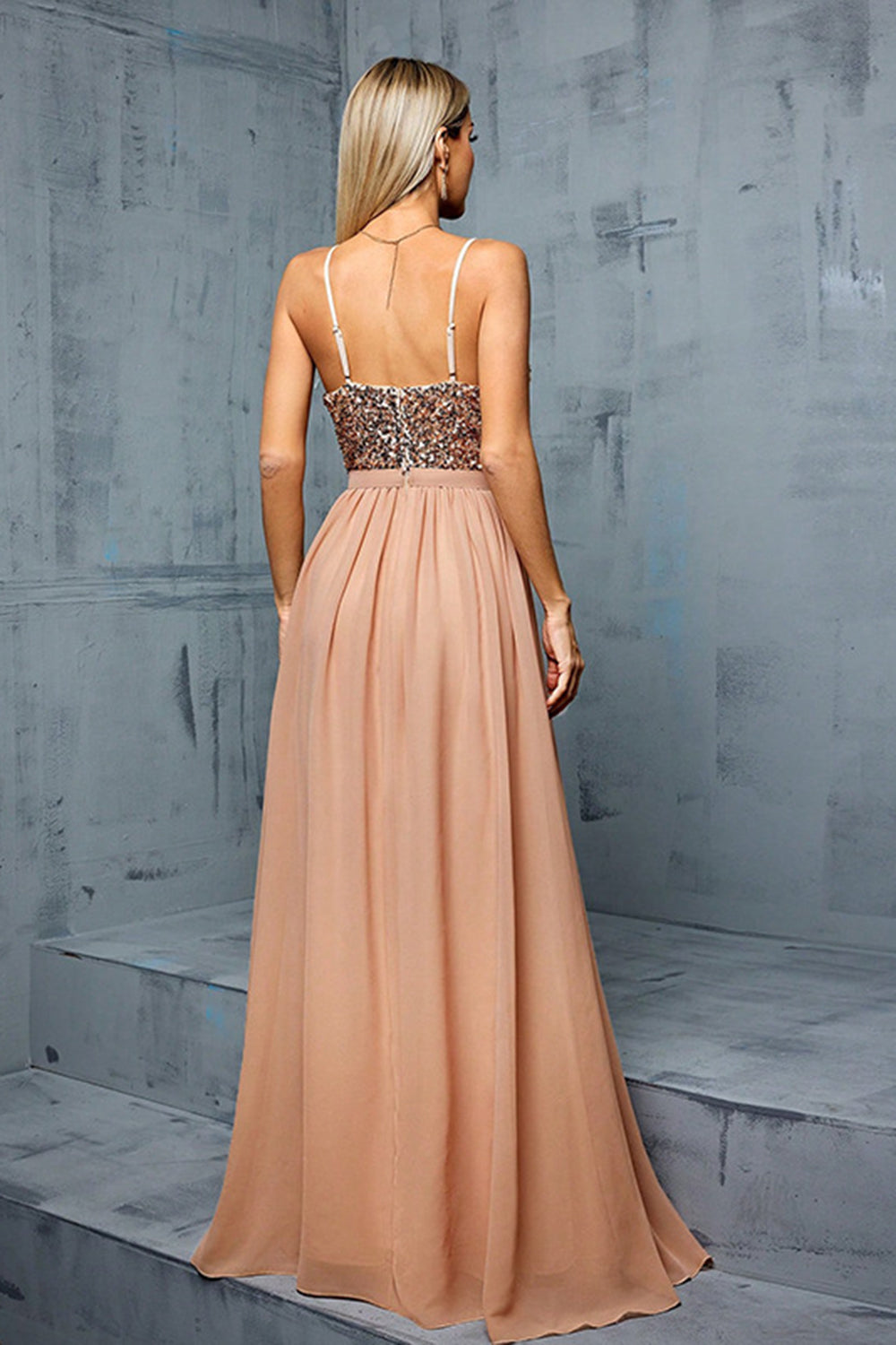 Sparkly Sequins Blush A Line V Neck Spaghetti Straps Maxi Dress - Image 2