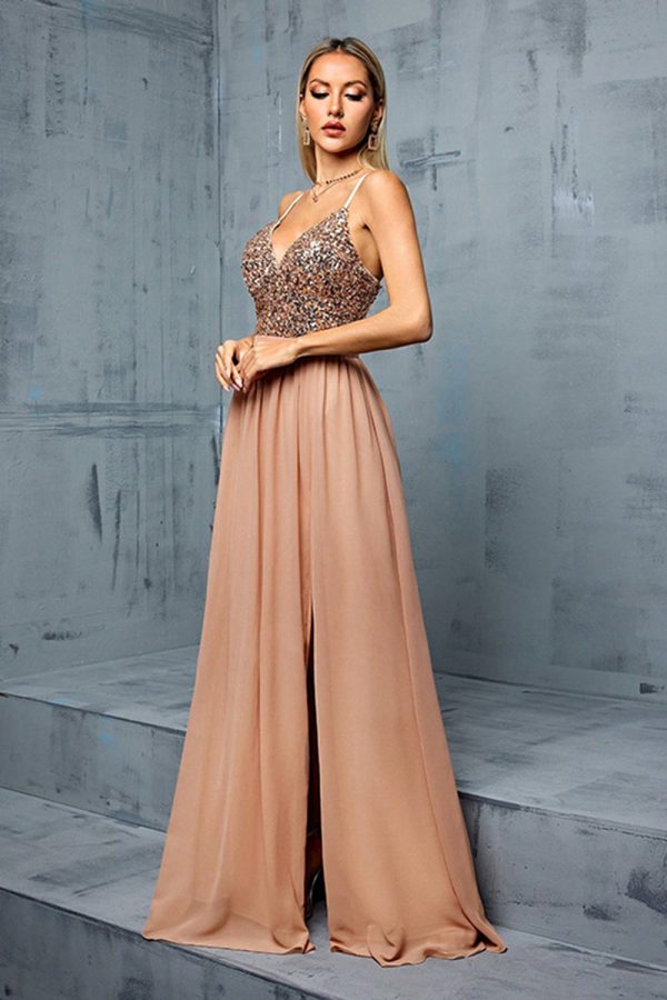 Sparkly Sequins Blush A Line V Neck Spaghetti Straps Maxi Dress - Image 3