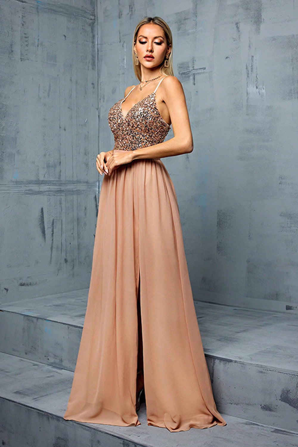 Sparkly Sequins Blush A Line V Neck Spaghetti Straps Maxi Dress - Image 3