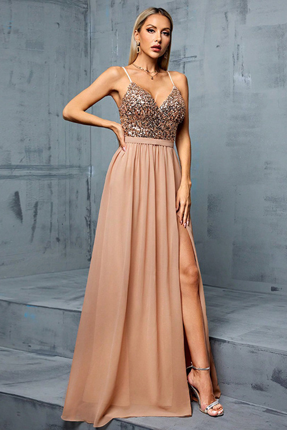Sparkly Sequins Blush A Line V Neck Spaghetti Straps Maxi Dress - Image 4