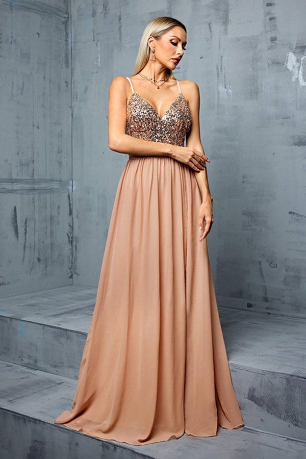 Sparkly Sequins Blush A Line V Neck Spaghetti Straps Maxi Dress - Image 5