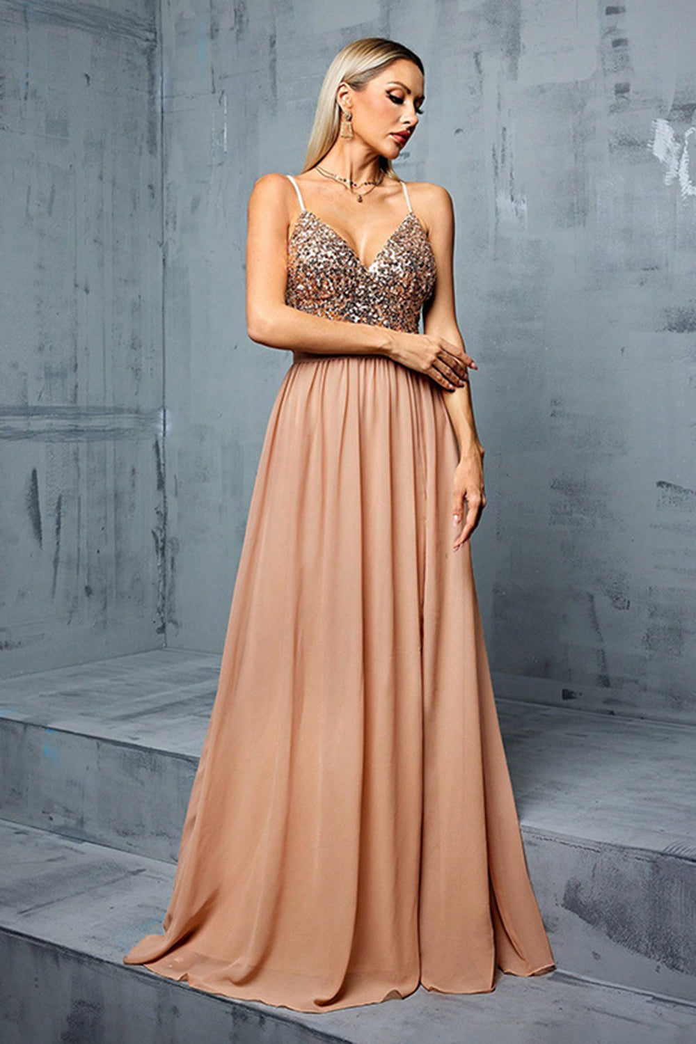 Sparkly Sequins Blush A Line V Neck Spaghetti Straps Maxi Dress - Image 5