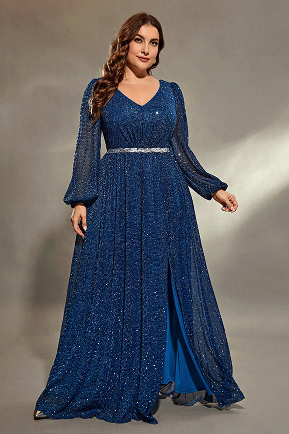 Sparkly Royal Blue V Neck Lantern Sleeves Sash Maxi Dress with Slit - Image 1