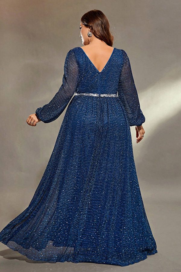 Sparkly Royal Blue V Neck Lantern Sleeves Sash Maxi Dress with Slit - Image 2