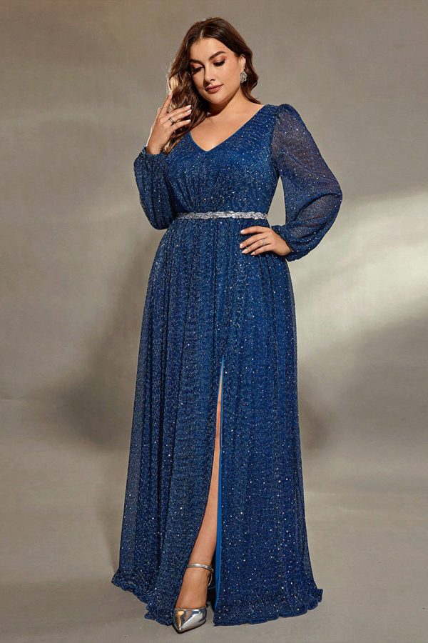 Sparkly Royal Blue V Neck Lantern Sleeves Sash Maxi Dress with Slit - Image 3