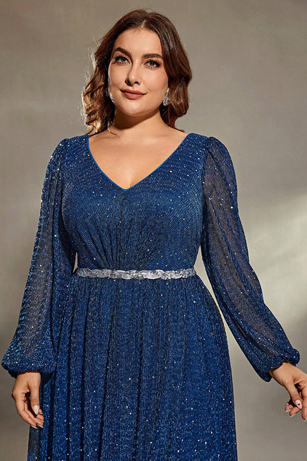 Sparkly Royal Blue V Neck Lantern Sleeves Sash Maxi Dress with Slit - Image 4