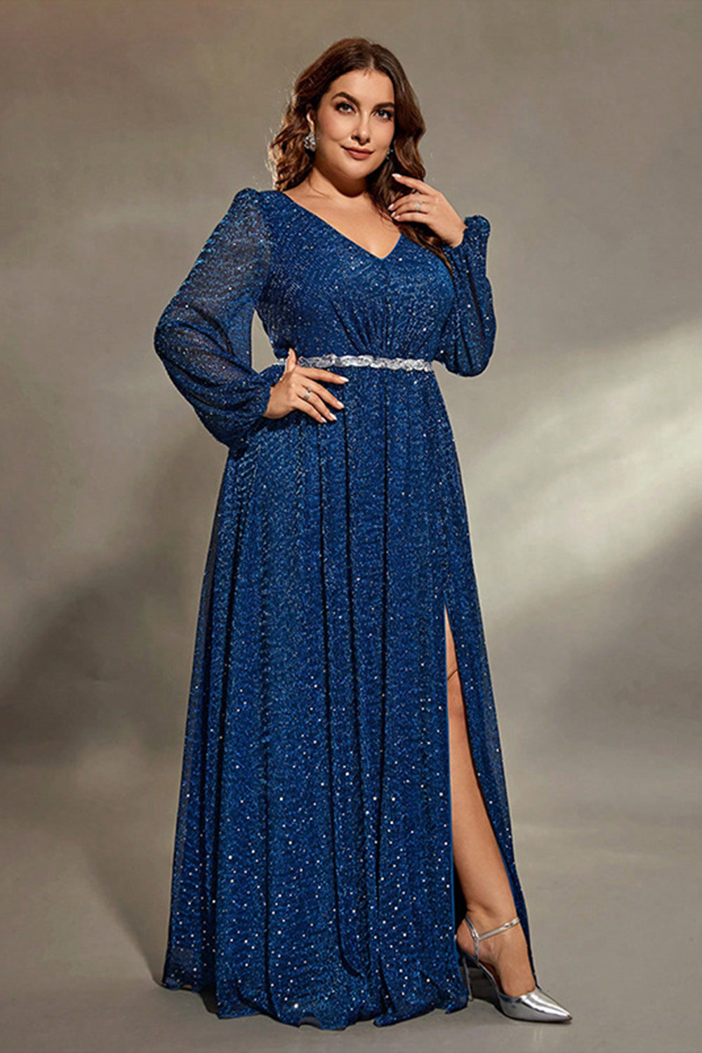 Sparkly Royal Blue V Neck Lantern Sleeves Sash Maxi Dress with Slit - Image 5