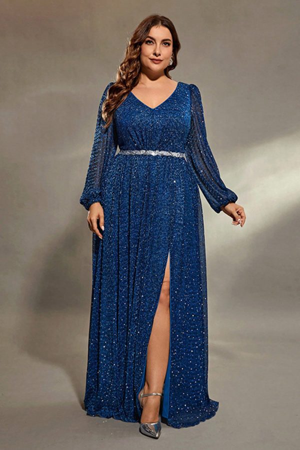 Sparkly Royal Blue V Neck Lantern Sleeves Sash Maxi Dress with Slit - Image 6
