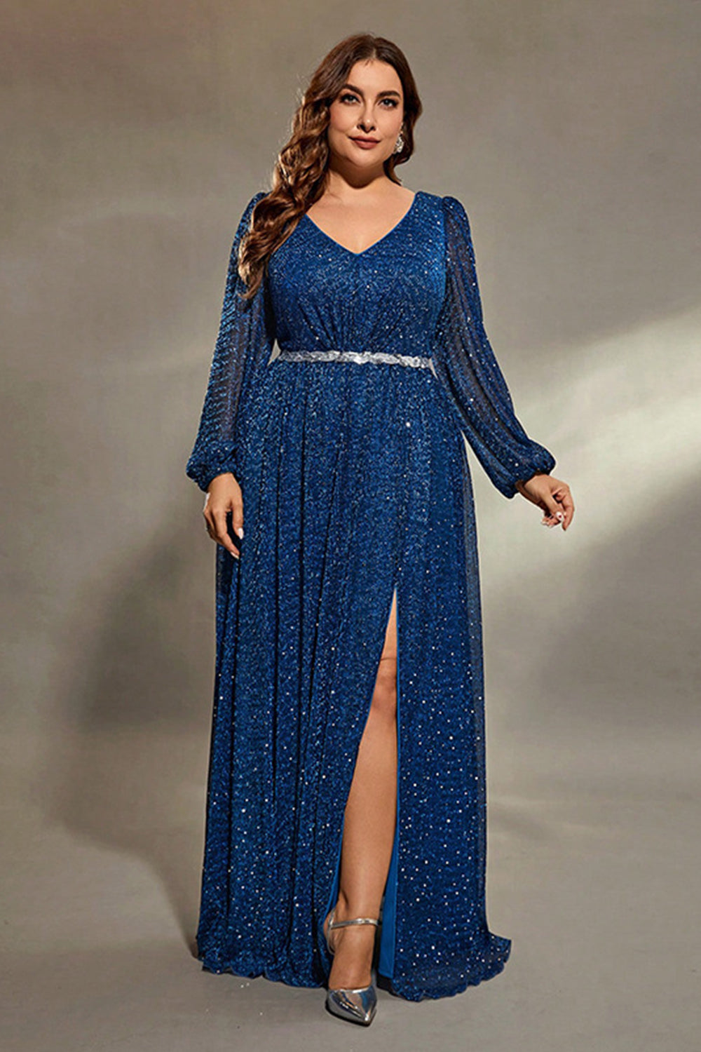 Sparkly Royal Blue V Neck Lantern Sleeves Sash Maxi Dress with Slit - Image 6