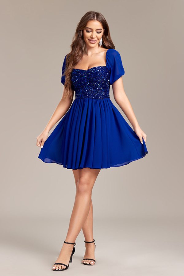 Sparkly Royal Blue A Line Off the Shoulder Sequins Pleated Mini Dress - Image 5