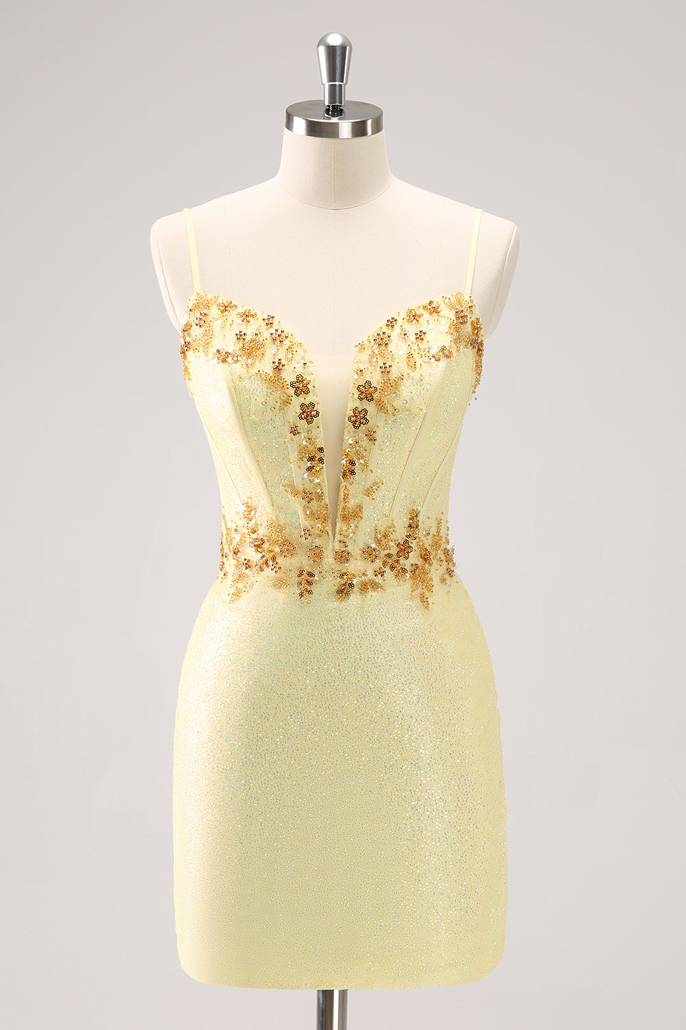 Sparkly Yellow Spaghetti Straps Corset Sequins Tight Mini Dress - Image 1