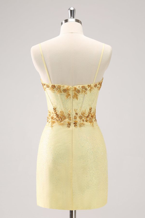 Sparkly Yellow Spaghetti Straps Corset Sequins Tight Mini Dress - Image 2