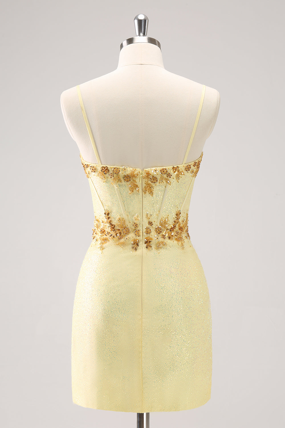 Sparkly Yellow Spaghetti Straps Corset Sequins Tight Mini Dress - Image 2