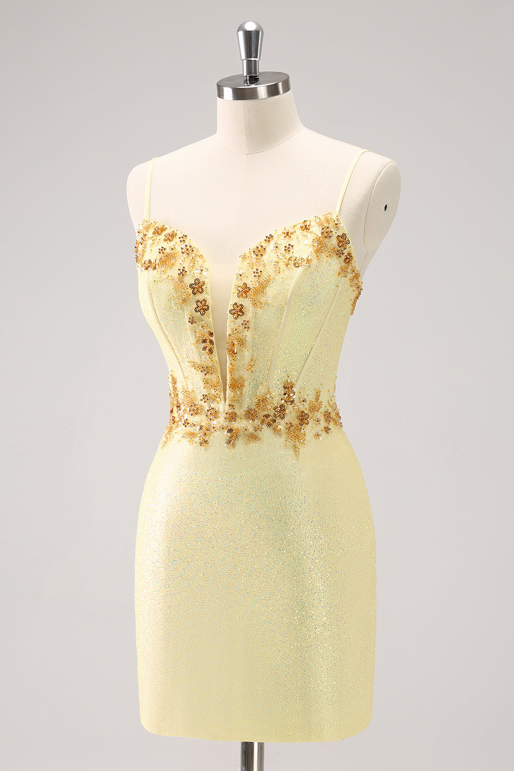 Sparkly Yellow Spaghetti Straps Corset Sequins Tight Mini Dress - Image 3
