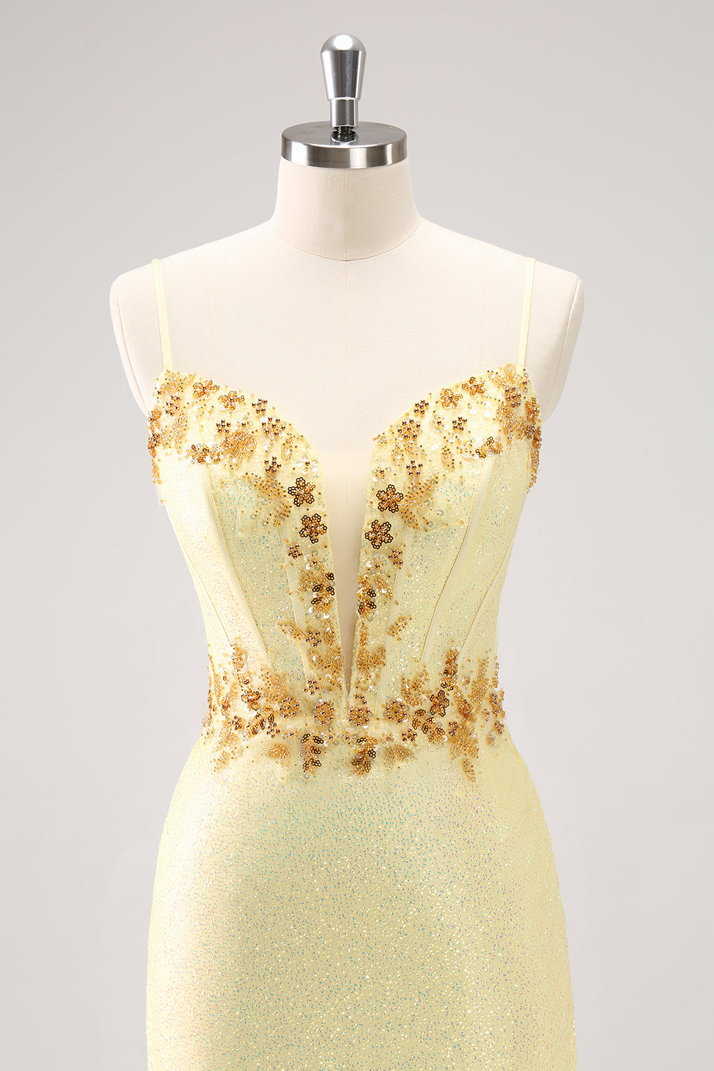 Sparkly Yellow Spaghetti Straps Corset Sequins Tight Mini Dress - Image 4